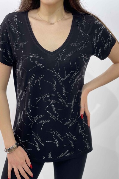 Großhandel Damen Bluse im – Kazee-Logo – V-Ausschnitt – bestickt – 77784 | KAZEE - Thumbnail