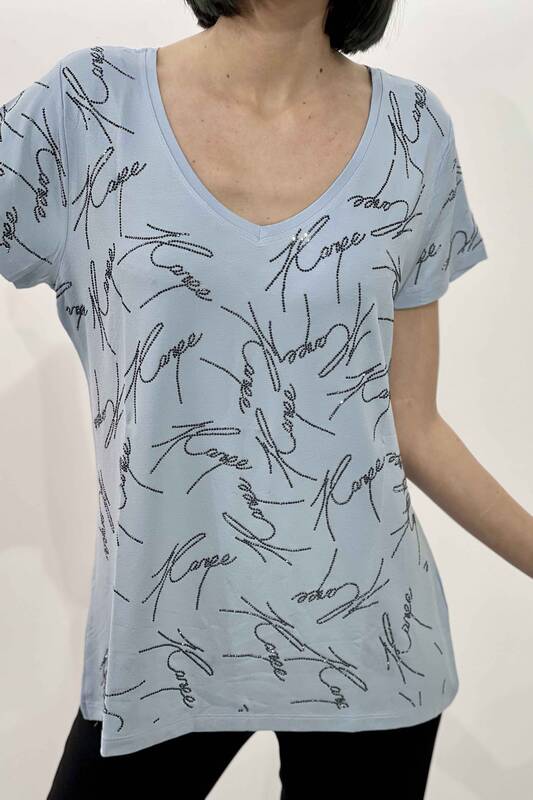 Großhandel Damen Bluse im – Kazee-Logo – V-Ausschnitt – bestickt – 77784 | KAZEE