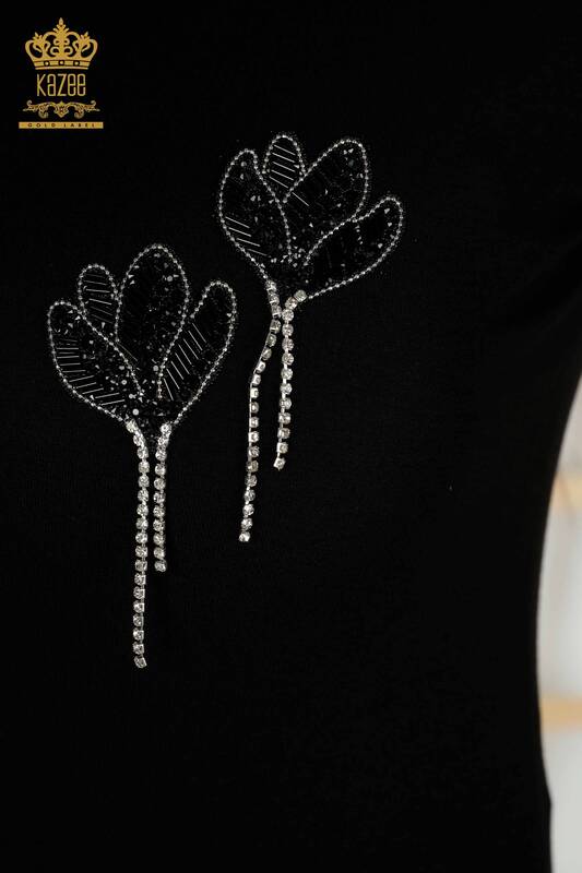 Großhandel Damenbluse mit Kristallstein-Stickerei, Schwarz – 79354 | KAZEE
