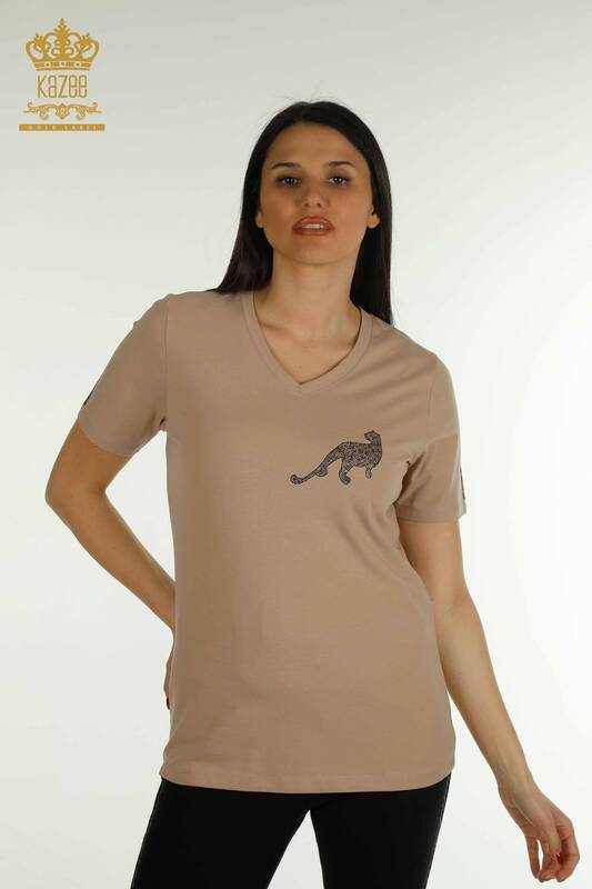 Großhandel Damen Bluse im - Leopard Stein bestickt - Dunkel beige - 79484 | KAZEE