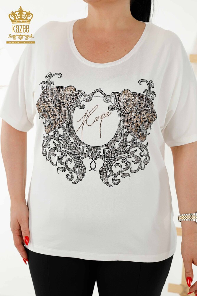 Großhandel Damenbluse - Leopardenmuster - Ecru - 77648 | KAZEE - 2