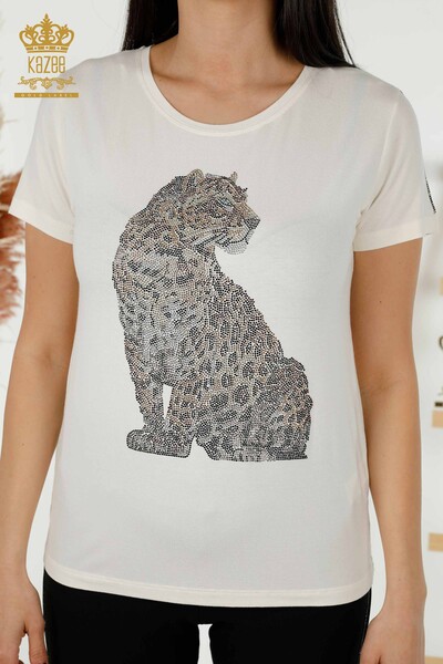 Großhandel Damen Bluse - Leoparden muster - Ecru - 78942 | KAZEE - Thumbnail