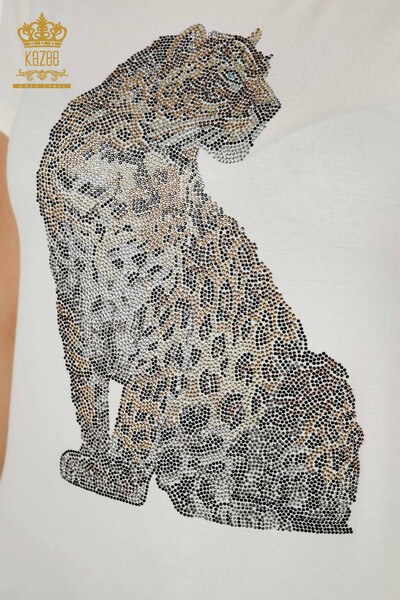 Großhandel Damen Bluse - Leoparden muster - Ecru - 78942 | KAZEE - Thumbnail