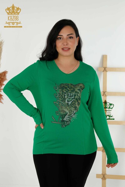 Großhandel Damenbluse Leopardenmuster Grün - 79040 | KAZEE - Thumbnail