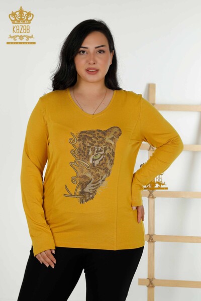 Großhandel Damenbluse - Leopardenmuster - Safran - 79040 | KAZEE - Thumbnail
