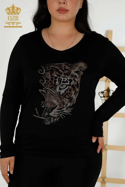 Großhandel Damenbluse - Leopardenmuster - Schwarz - 79040 | KAZEE - Thumbnail