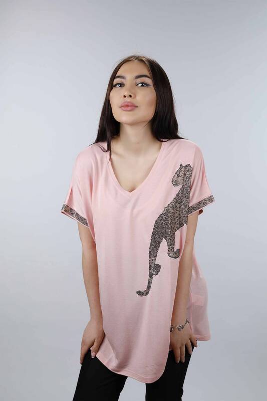 Großhandel Damen Bluse - Leoparden muster - Steinbestickt - 77600 | KAZEE