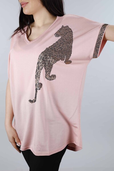 Großhandel Damen Bluse - Leoparden muster - Steinbestickt - 77600 | KAZEE - Thumbnail