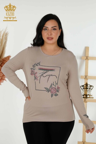 Großhandel Damen Bluse - Blumenmuster - Nerz - 79042 | KAZEE - Thumbnail