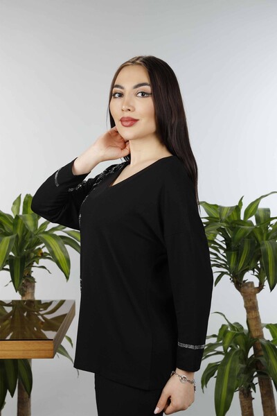 Großhandel Damen bluse im - Federmuster - Steinbestickt - 77933 | KAZEE - Thumbnail