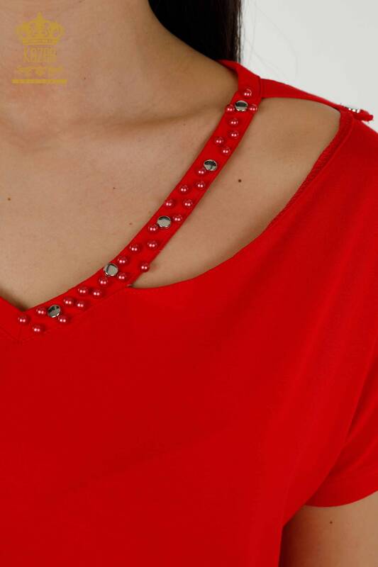 Großhandel Damenbluse mit Perlenstickerei, Rot – 79200 | KAZEE