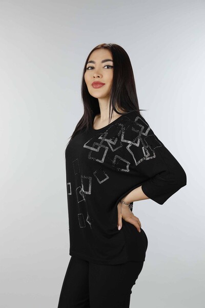 Großhandel Damen Bluse - Quadratisches Muster - Rundhalsausschnitt - 77882 | KAZEE - Thumbnail
