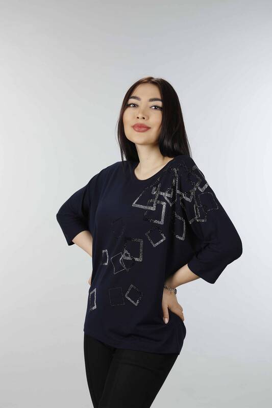 Großhandel Damen Bluse - Quadratisches Muster - Rundhalsausschnitt - 77882 | KAZEE