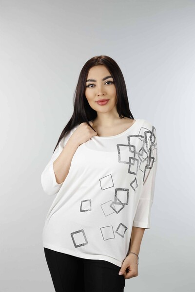 Großhandel Damen Bluse - Quadratisches Muster - Rundhalsausschnitt - 77882 | KAZEE - Thumbnail