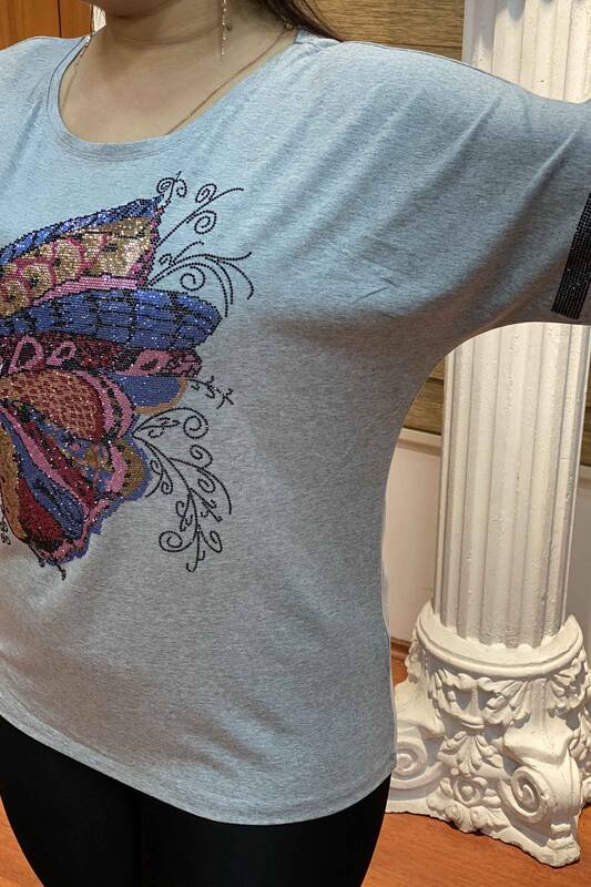 Großhandel Damenbluse mit Schmetterlingsdesign und Kristallstein-Stickerei – 77384 | Kazee