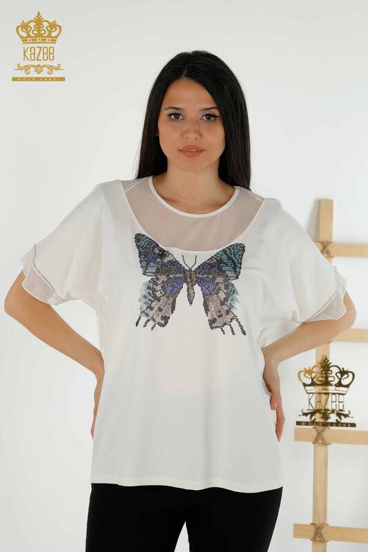 Großhandel Damen Bluse - Schmetterlings muster - Ecru - 79103 | KAZEE