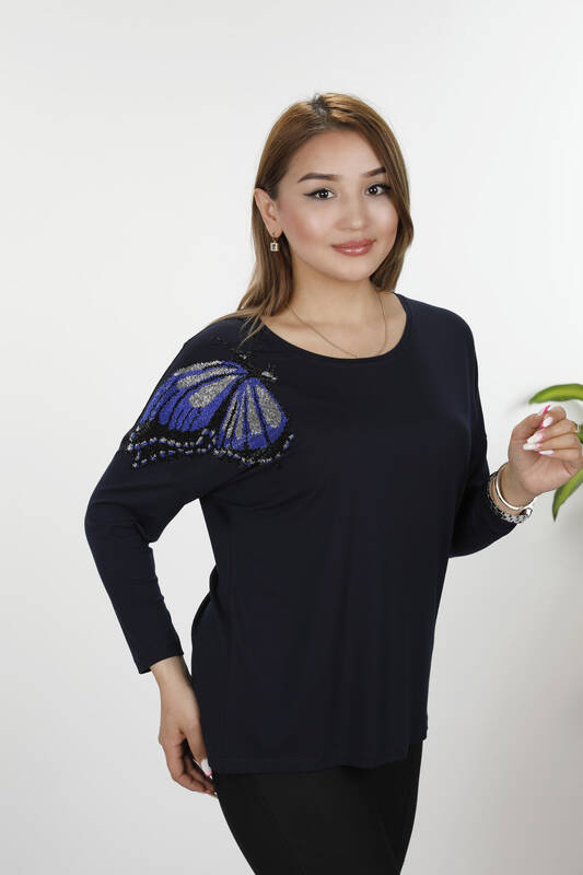 Großhandel Damenbluse - Schmetterlings muster - Rundhalsausschnitt - 77971 | KAZEE