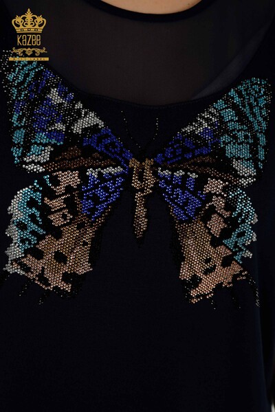 Großhandel Damen Bluse - Schmetterlings muster - Marineblau - 79103 | KAZEE - Thumbnail