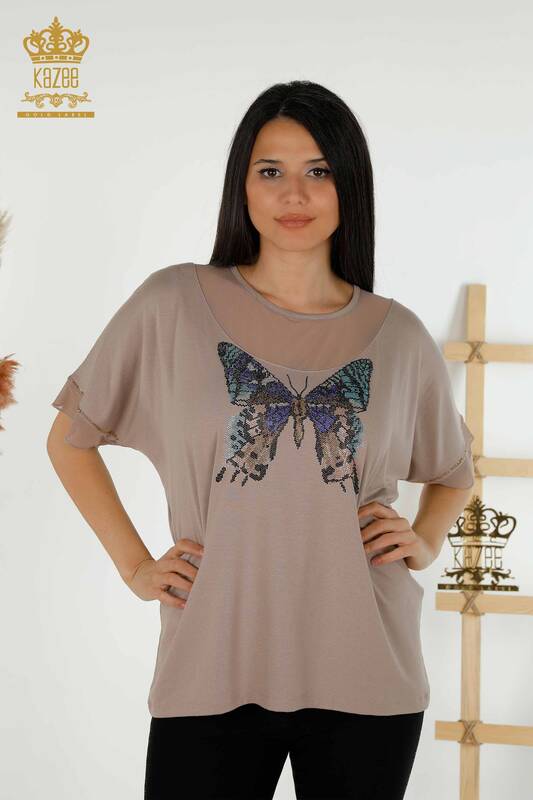Großhandel Damen Bluse - Schmetterlingsmuster - Nerz - 79103 | KAZEE