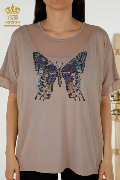 Großhandel Damen Bluse - Schmetterlingsmuster - Nerz - 79103 | KAZEE - Thumbnail
