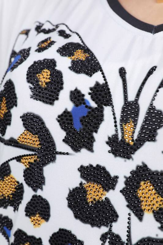 Großhandel Damen Bluse - Schmetterlings Muster - Rundhalsausschnitt - 12003 | KAZEE