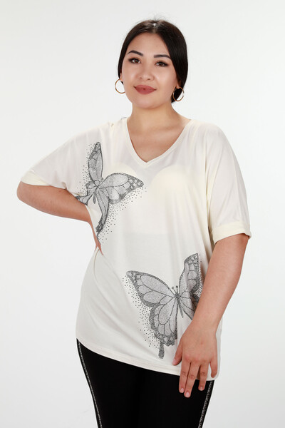 Großhandel Damen Bluse - Schmetterlingsmuster - Gestickter Stein - 78877 | KAZEE - Thumbnail