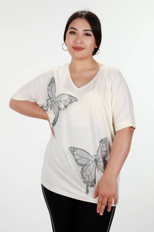Großhandel Damen Bluse - Schmetterlingsmuster - Gestickter Stein - 78877 | KAZEE