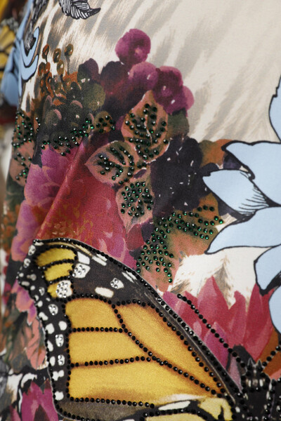Großhandel Damenbluse - Schmetterlingsmuster - Steinbestickt -12026 | KAZEE - Thumbnail