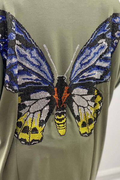 Großhandel Damen Bluse mit Schmetterlingsmuster und bestickten Steinen - 77717 | KAZEE - Thumbnail