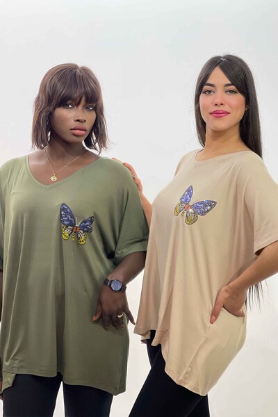 Großhandel Damen Bluse mit Schmetterlingsmuster und bestickten Steinen - 77717 | KAZEE - Thumbnail