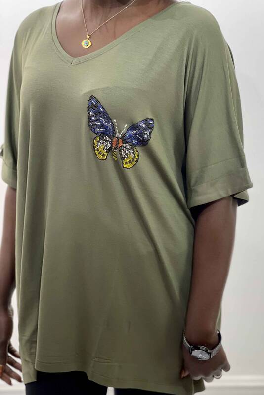 Großhandel Damen Bluse mit Schmetterlingsmuster und bestickten Steinen - 77717 | KAZEE