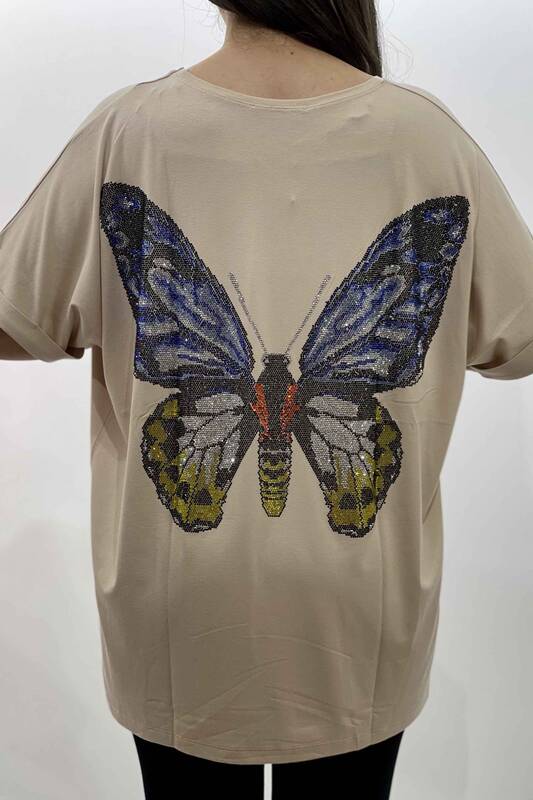 Großhandel Damen Bluse mit Schmetterlingsmuster und bestickten Steinen - 77717 | KAZEE
