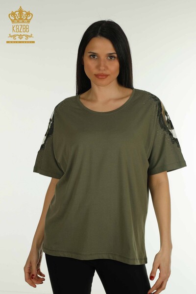 Großhandel Damen Bluse - Schulter Tüll detailliert - Khaki - 79553 | KAZEE - Thumbnail