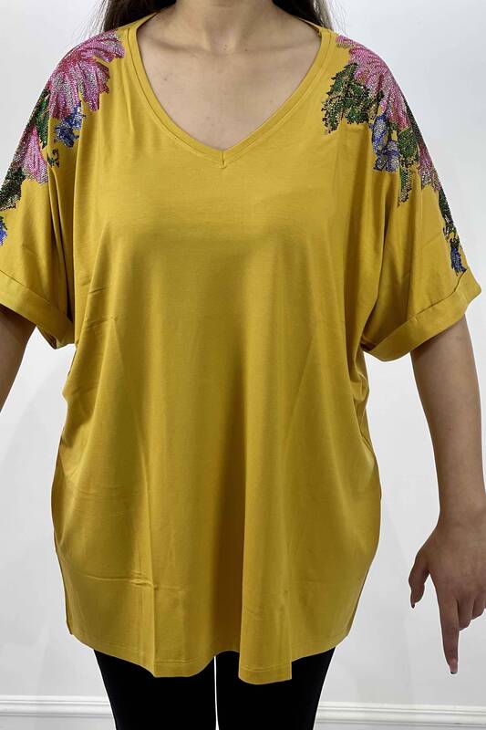 Großhandel Damen bluse im - Stein bestickte Schulterpartie - Blumenmuster - Doppelärmel – 77799 | KAZEE