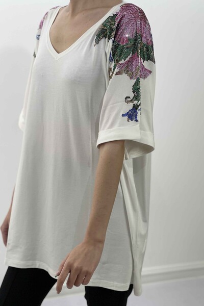 Großhandel Damen bluse im - Stein bestickte Schulterpartie - Blumenmuster - Doppelärmel – 77799 | KAZEE - Thumbnail