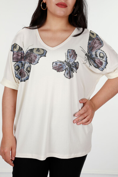 Großhandel Damen Bluse - Stein bestickt - Schmetterlings muster - 77832 | KAZEE - Thumbnail
