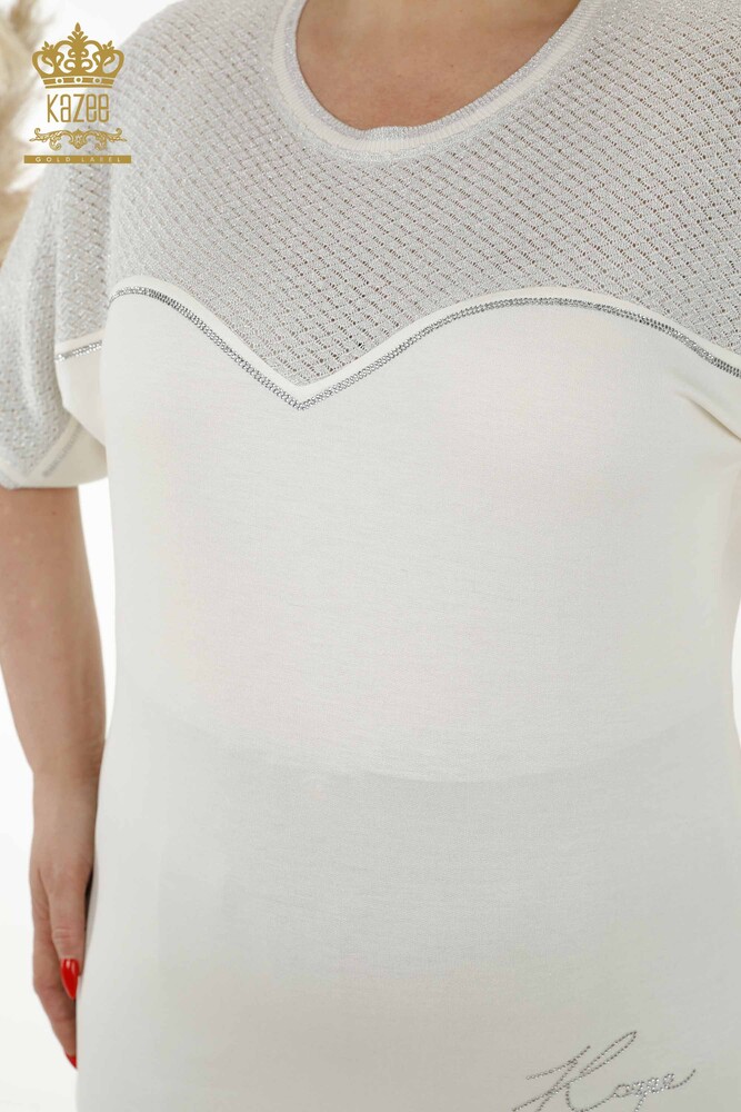 Großhandel Damenbluse - Stein bestickt - Ecru - 79235 | KAZEE - 4