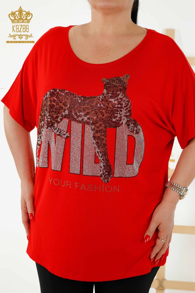 Großhandel Damenbluse - Stein bestickt - Rot - 77713 | KAZEE - 3