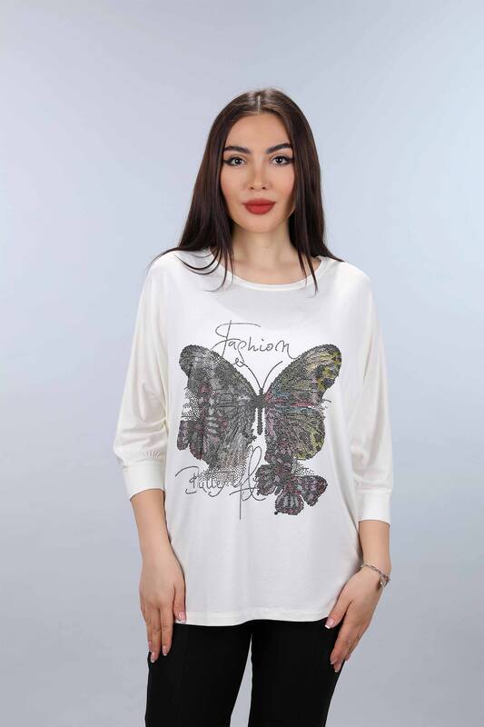 Großhandel Damen Bluse - Stein bestickt - Schmetterlings Muster - 77903 | KAZEE