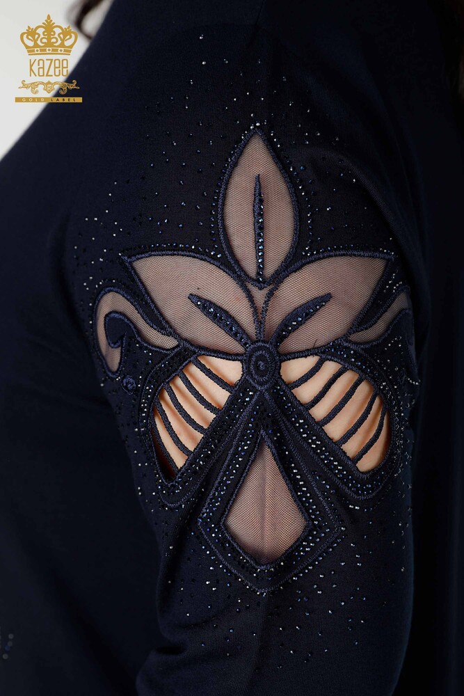 Großhandel Damenbluse - Stein bestickt V-Ausschnitt - Schwarz - 77927 | KAZEE - 6