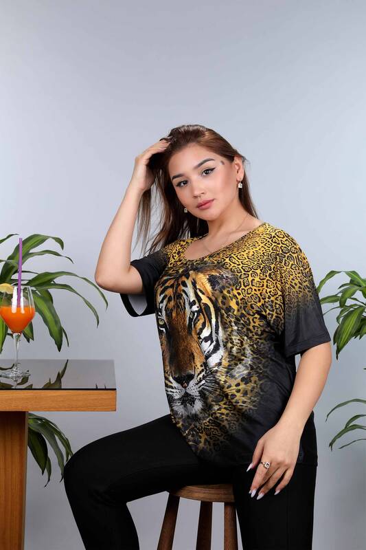 Großhandel Damen Bluse – Tigermuster – bestickt – 77777 | KAZEE