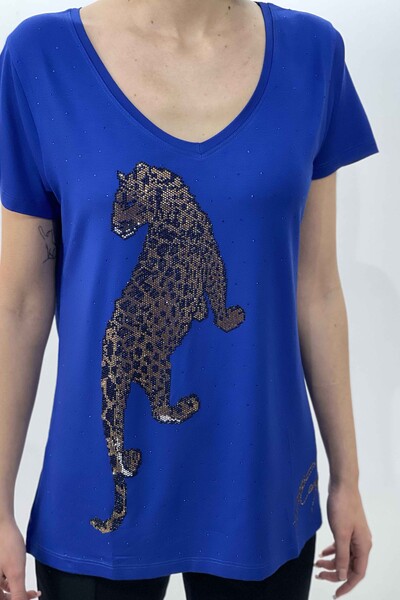 Großhandel Damen Bluse - Tiger muster - Perlen - Kazee Logo - 77608 | KAZEE - Thumbnail