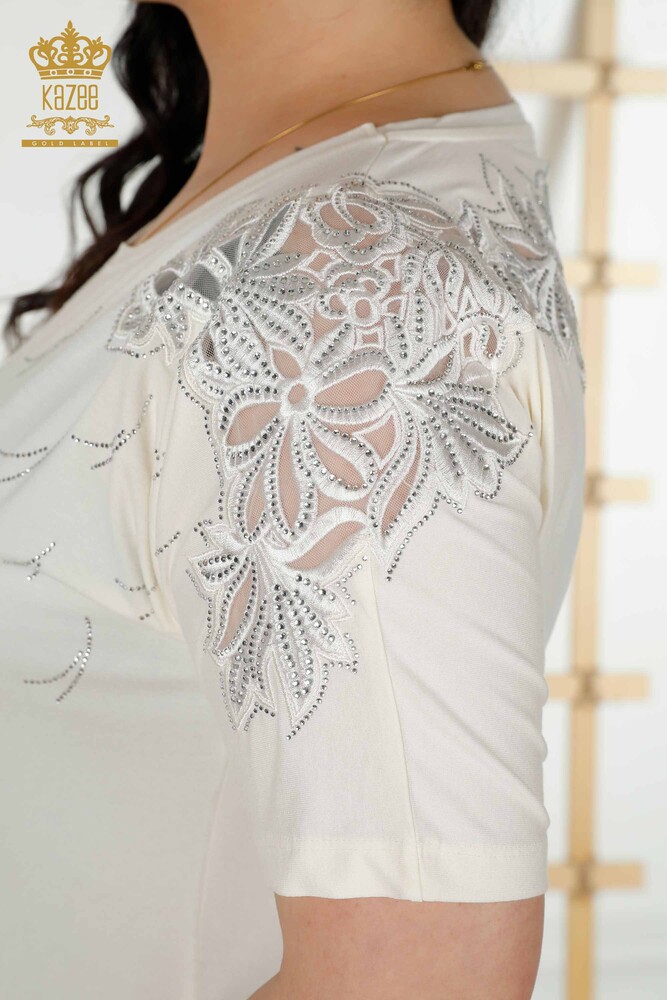 Großhandel Damen Bluse - Tüll detailliert - Ecru - 79086 | KAZEE - 7