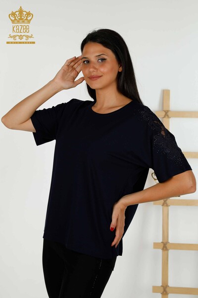 Großhandel Damen bluse im - Tüll detailliert - Marineblau - 79390 | KAZEE - Thumbnail