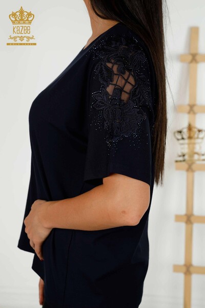 Großhandel Damen bluse im - Tüll detailliert - Marineblau - 79390 | KAZEE - Thumbnail