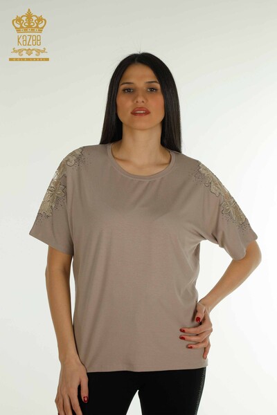 Großhandel Damen bluse - Tüll detailliert - Nerz - 79390 | KAZEE - Thumbnail