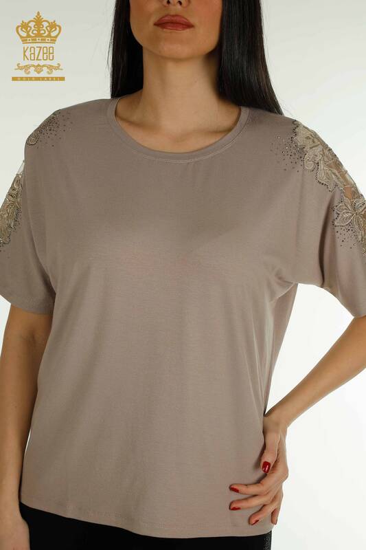 Großhandel Damen bluse - Tüll detailliert - Nerz - 79390 | KAZEE