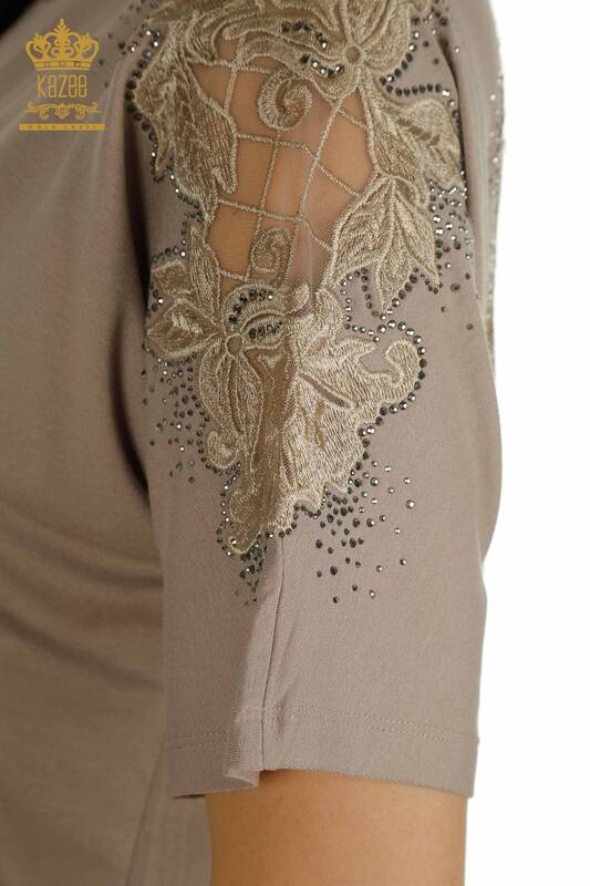 Großhandel Damen bluse - Tüll detailliert - Nerz - 79390 | KAZEE
