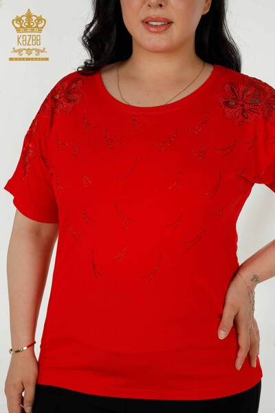 Großhandel Damen bluse - Tüll detailliert - Rot - 79086 | KAZEE - 2