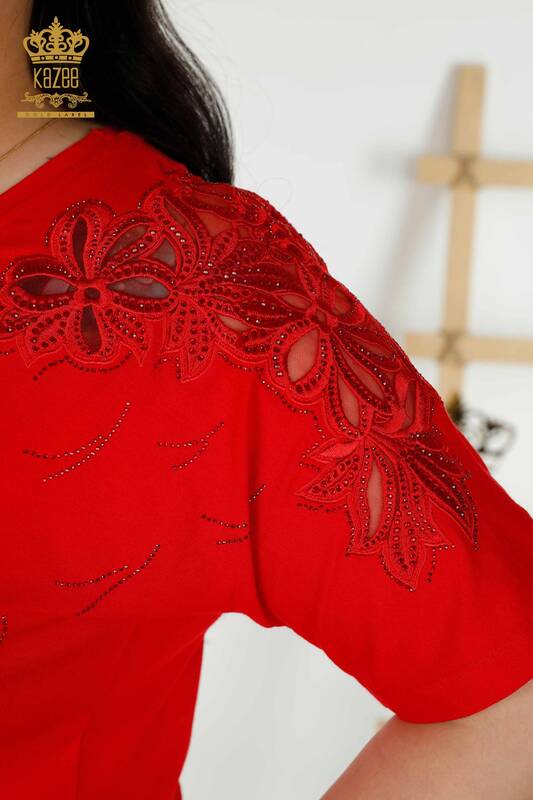 Großhandel Damen bluse - Tüll detailliert - Rot - 79086 | KAZEE